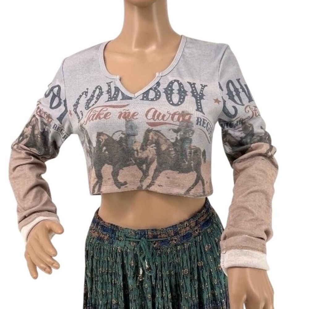 Urban Outfitters Cowboy Graphic Crop Top - Gray and Brown